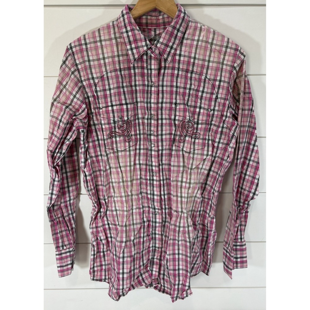 Rock 47 By Wrangler Pink Plaid Western Style Embroidered Button Down Sz XL Gems